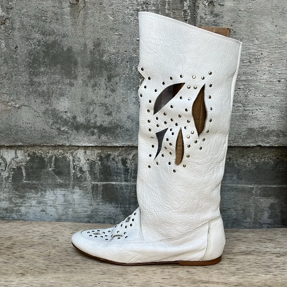 White Over-the-Knee Cutout & Stud Leather Boots — Women's